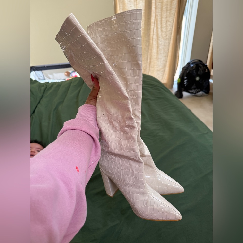 Cream Off White Knee High Immitation Snake Crocodile Boots